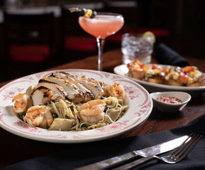 Sautéed chicken breast, shrimp, lemon-caper butter sauce, garlic spinach, artichokes, capellini pasta